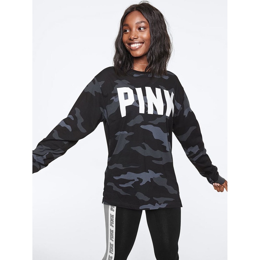 Victoria's Secret PINK Camo Long Sleeve Tee Shirt Grey Black Camouflage XL